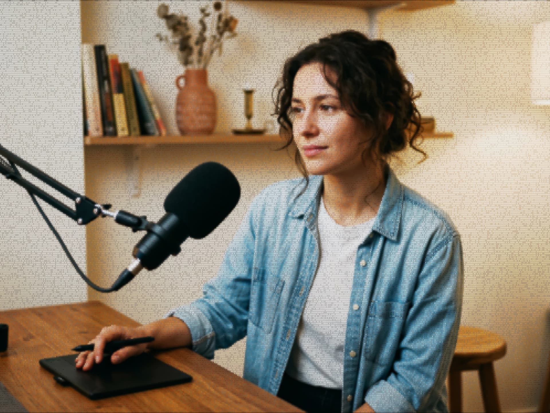 Osoba przy mikrofonie podcastowym w domowym studio